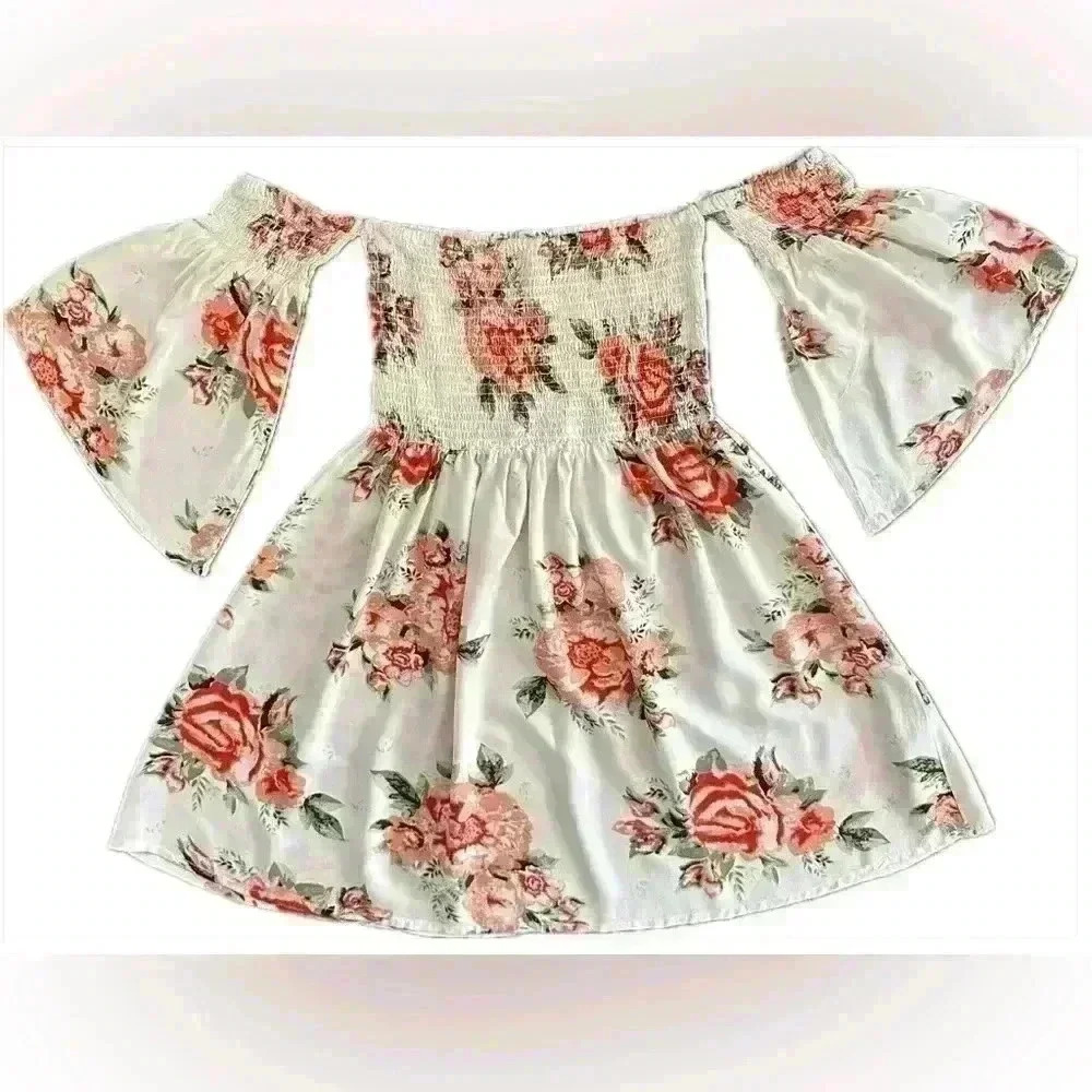 feathers White Floral Off-Shoulder Mini Dress with Pink Roses